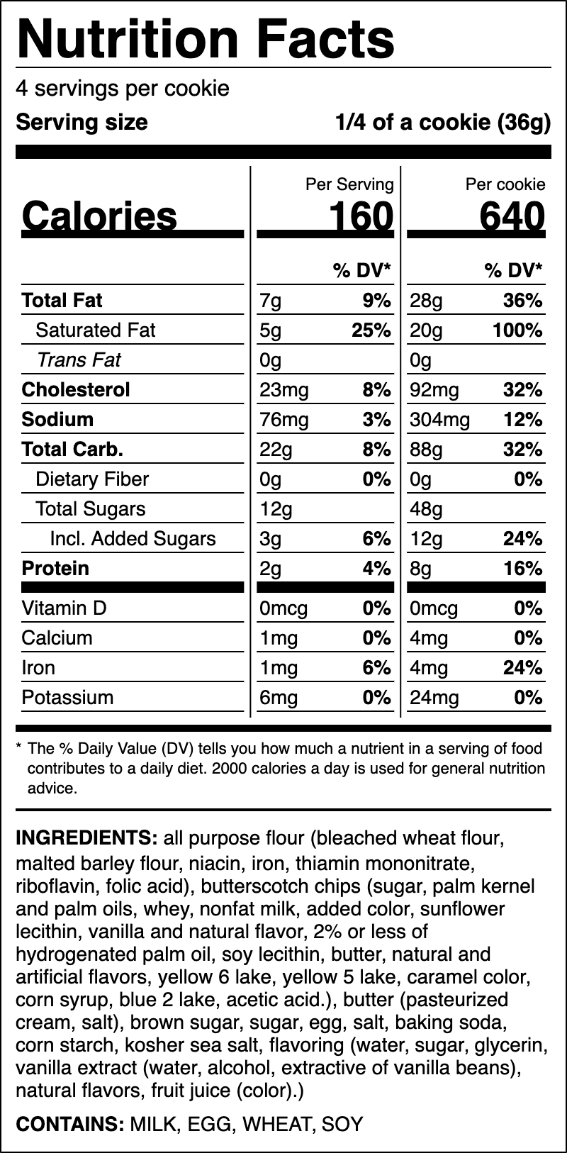 Nutrition label for Butterscotch Chip