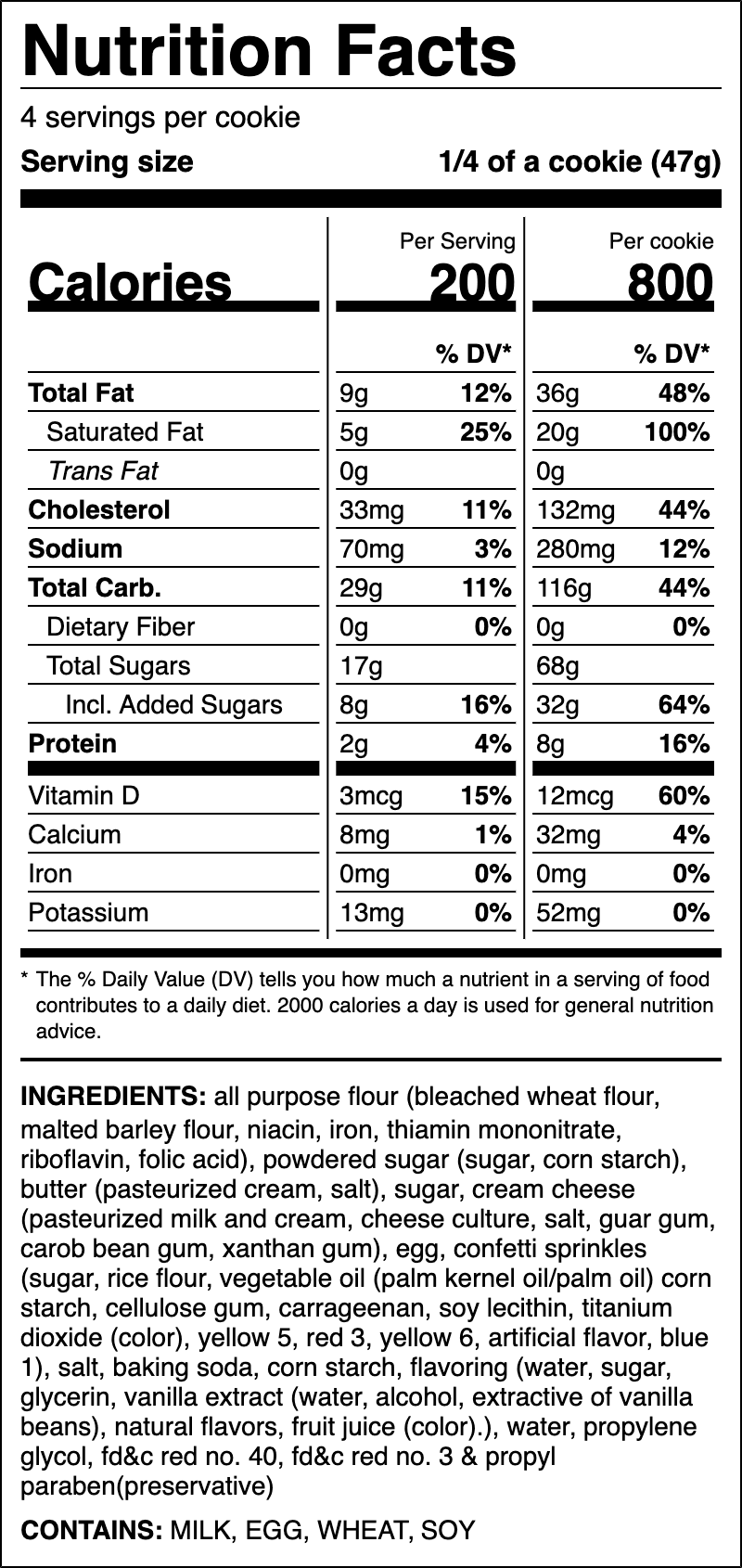 Nutrition label for Confetti Cake Cookie