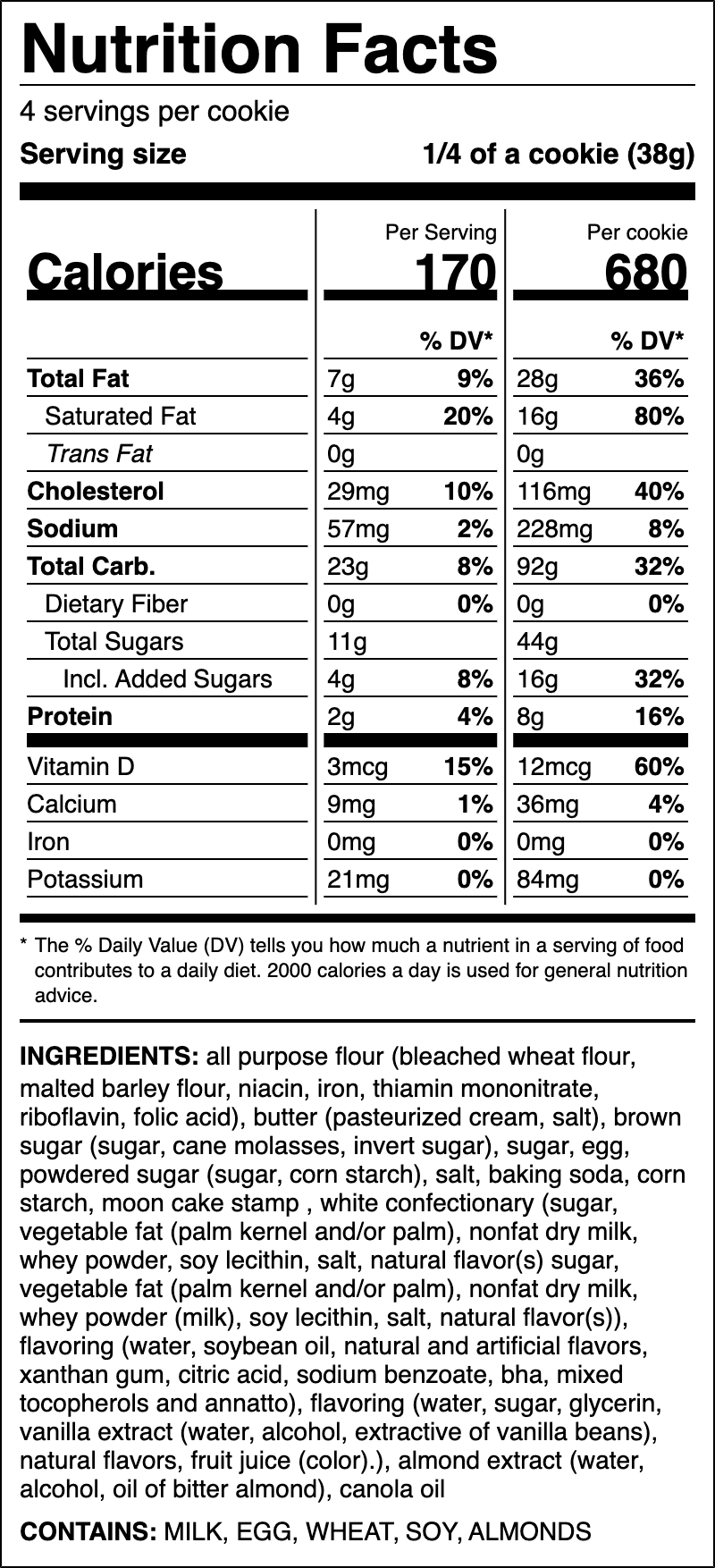 Nutrition label for Mooncake
