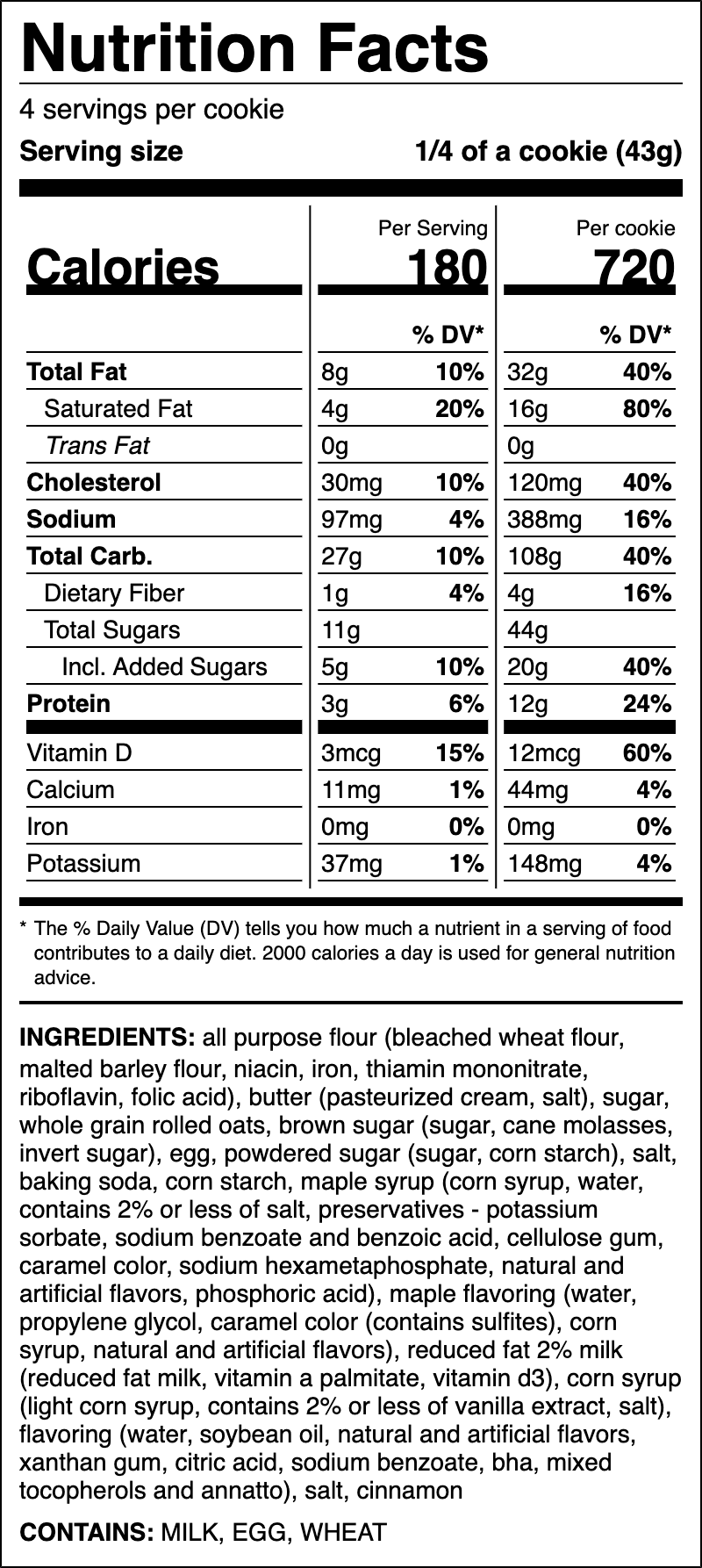 Nutrition label for Maple Oatmeal