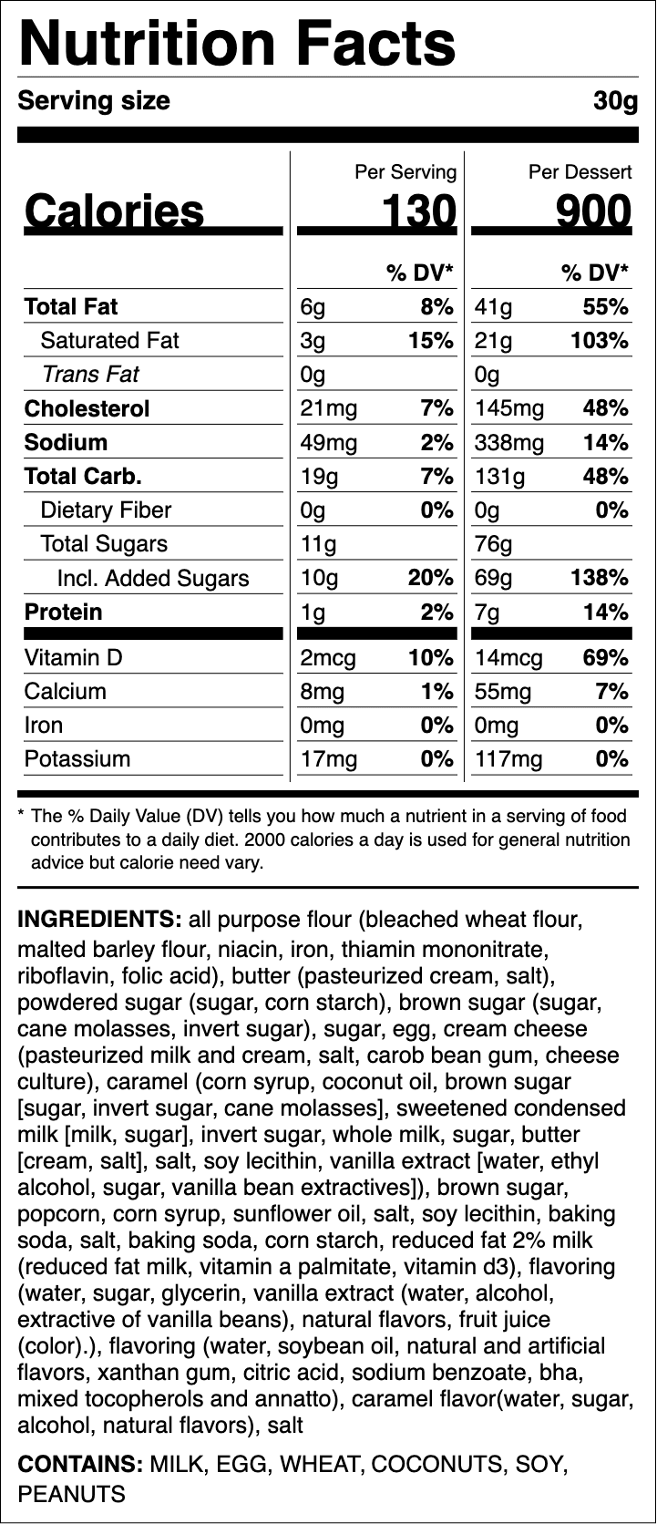Nutrition label for Caramel Popcorn