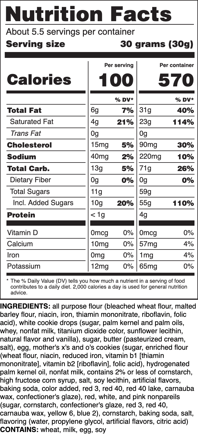 Nutrition label for Sugar ft. Mother's Valentine X's and O's