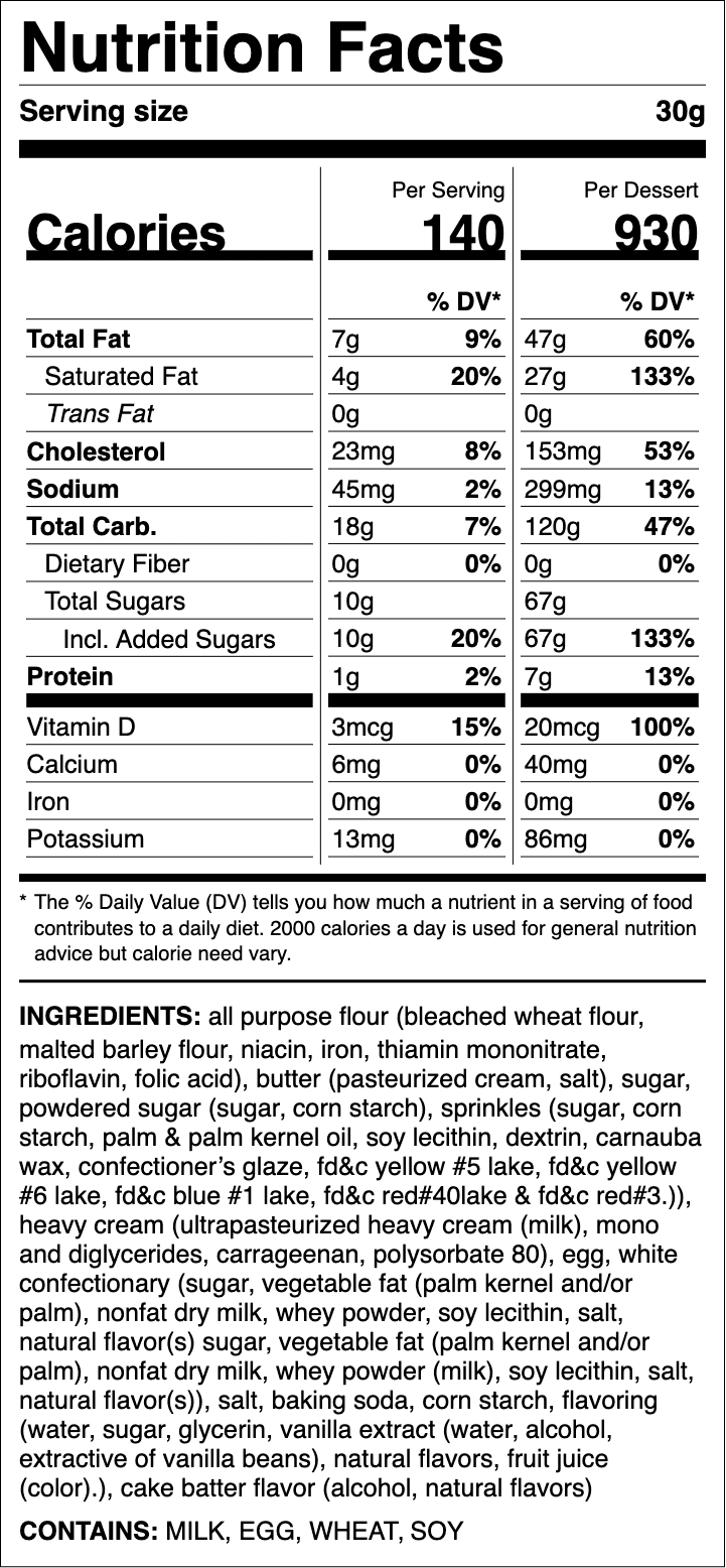 Nutrition label for Confetti Milkshake