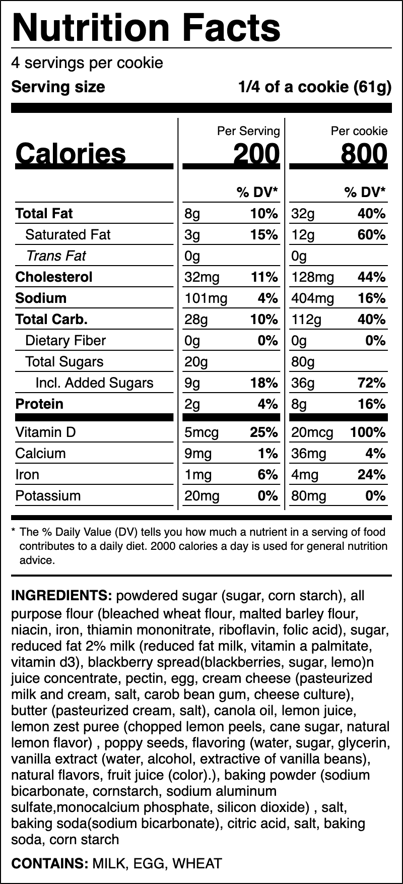 Nutrition label for Lemon Blackberry Cake