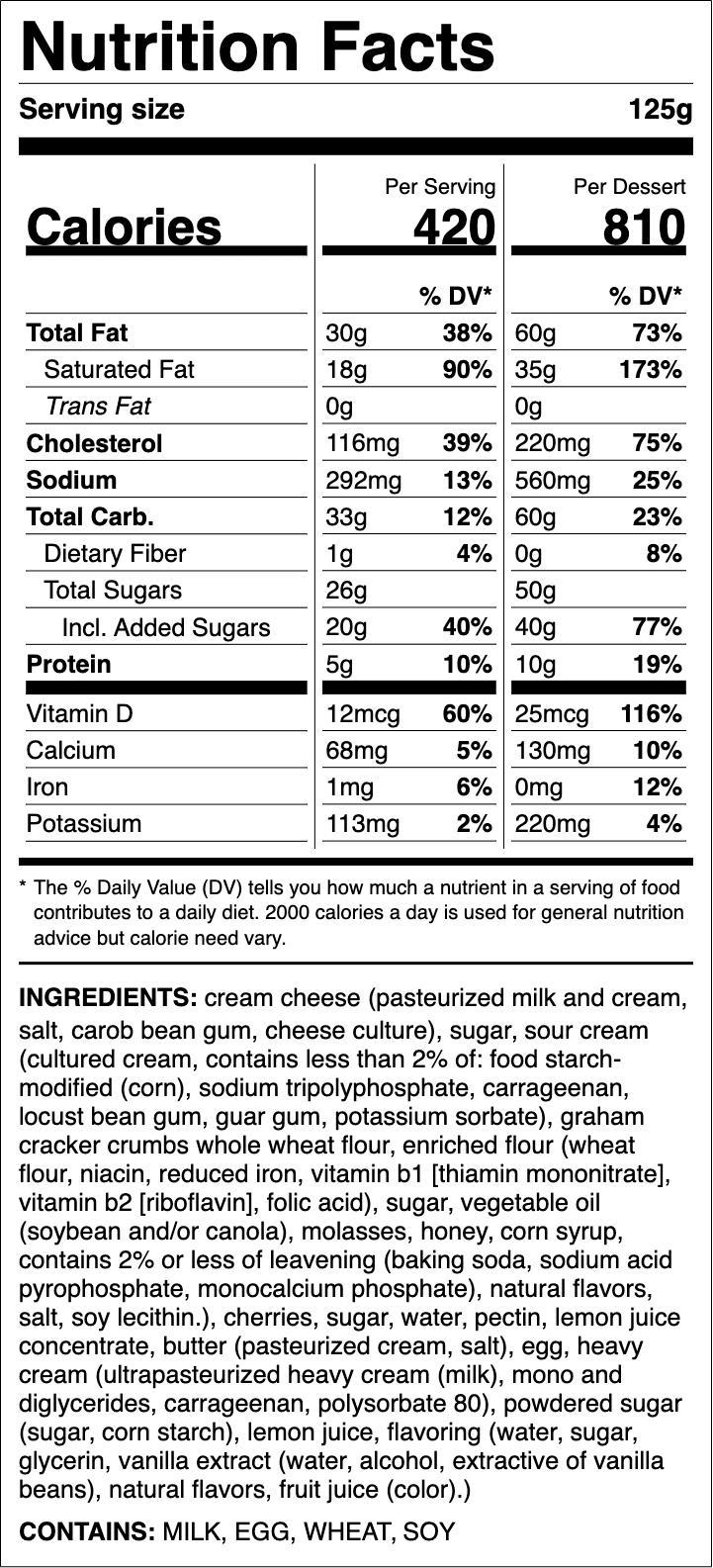 Nutrition label for Cherry Cheesecake