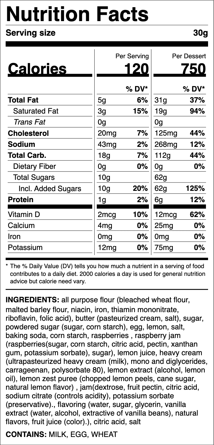 Nutrition label for Raspberry Lemonade