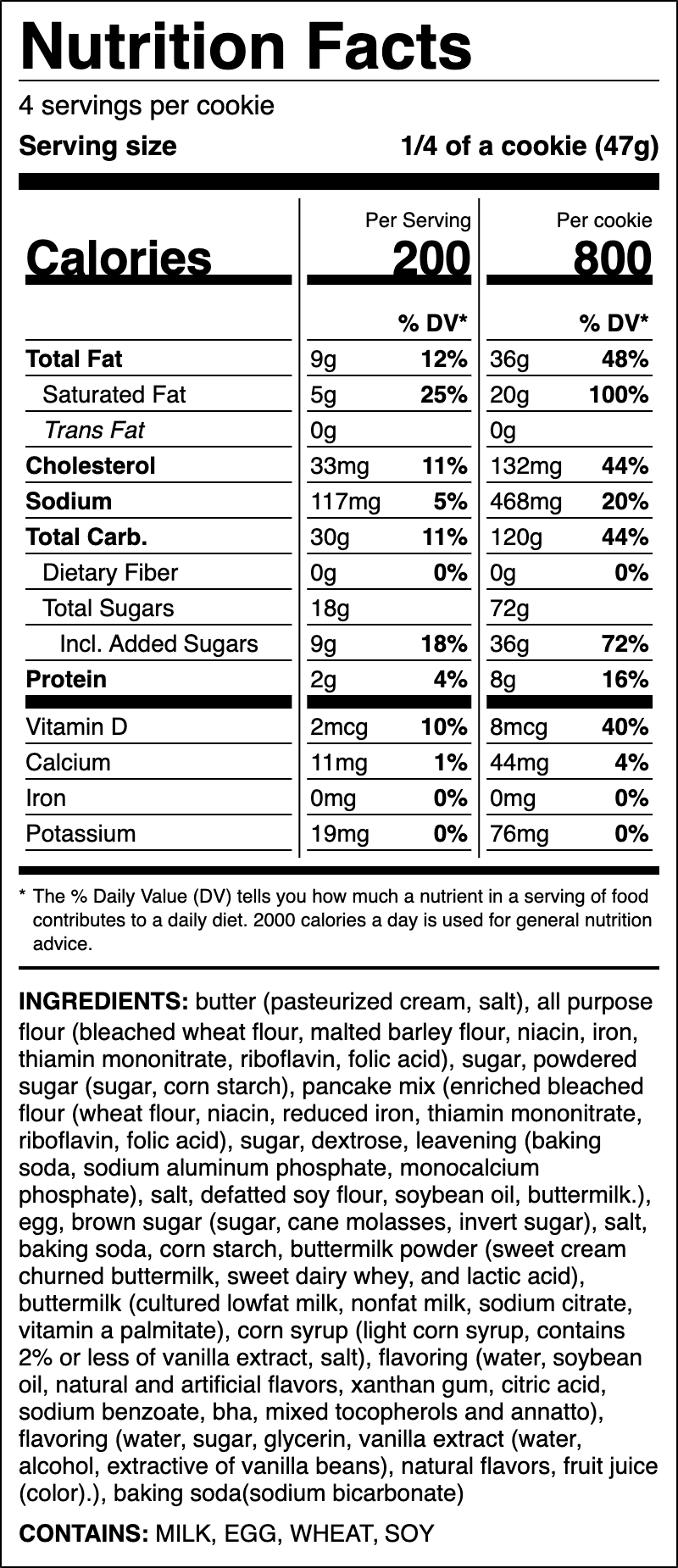 Nutrition label for Buttermilk Pancake