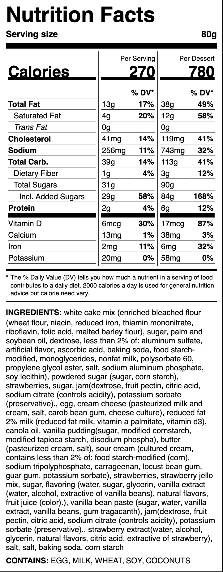 Nutrition label for Strawberry Cake