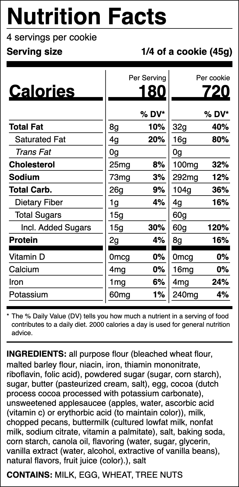 Nutrition label for Texas Sheet Cake