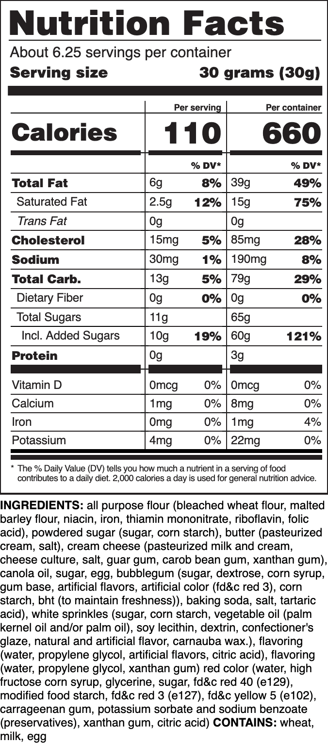 Nutrition label for Bubble Gum