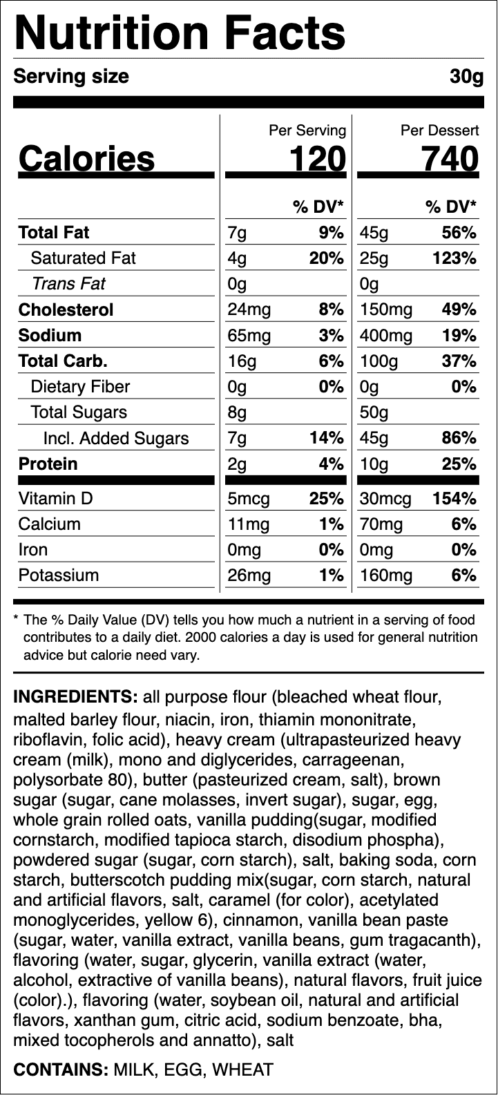 Nutrition label for Oatmeal Skillet Cookie