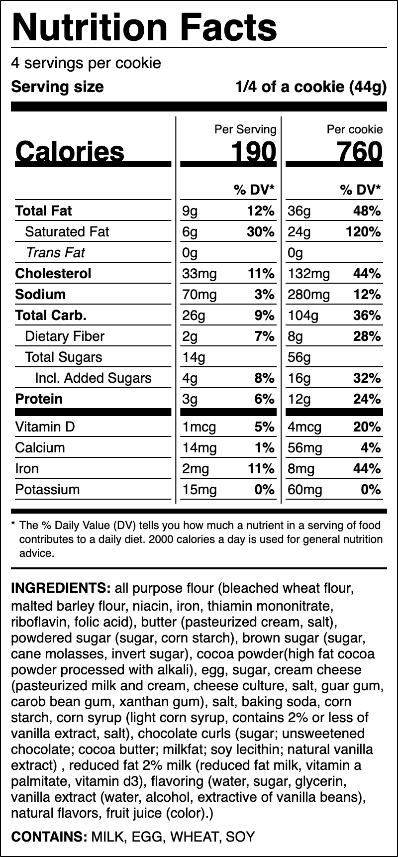 Nutrition label for Chocolate Cake Cookie