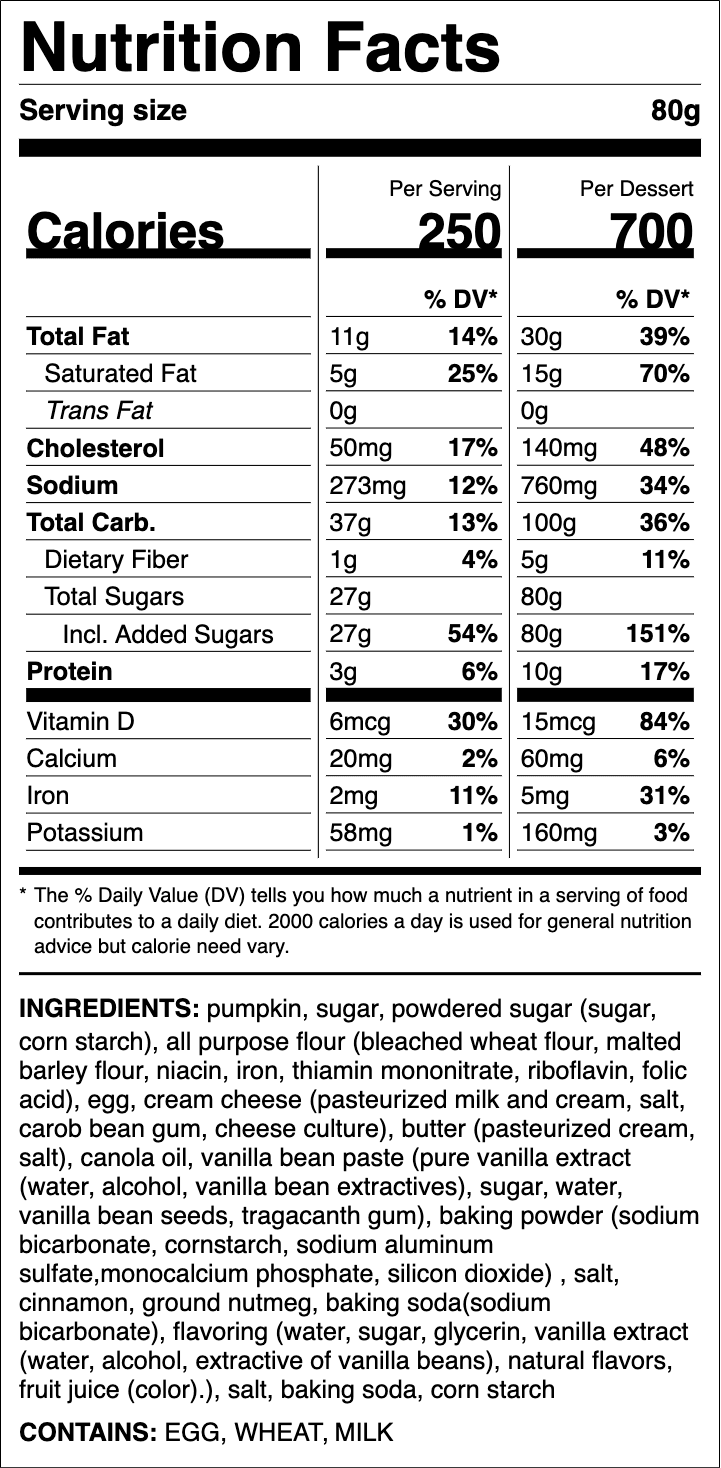 Nutrition label for Pumpkin Cake