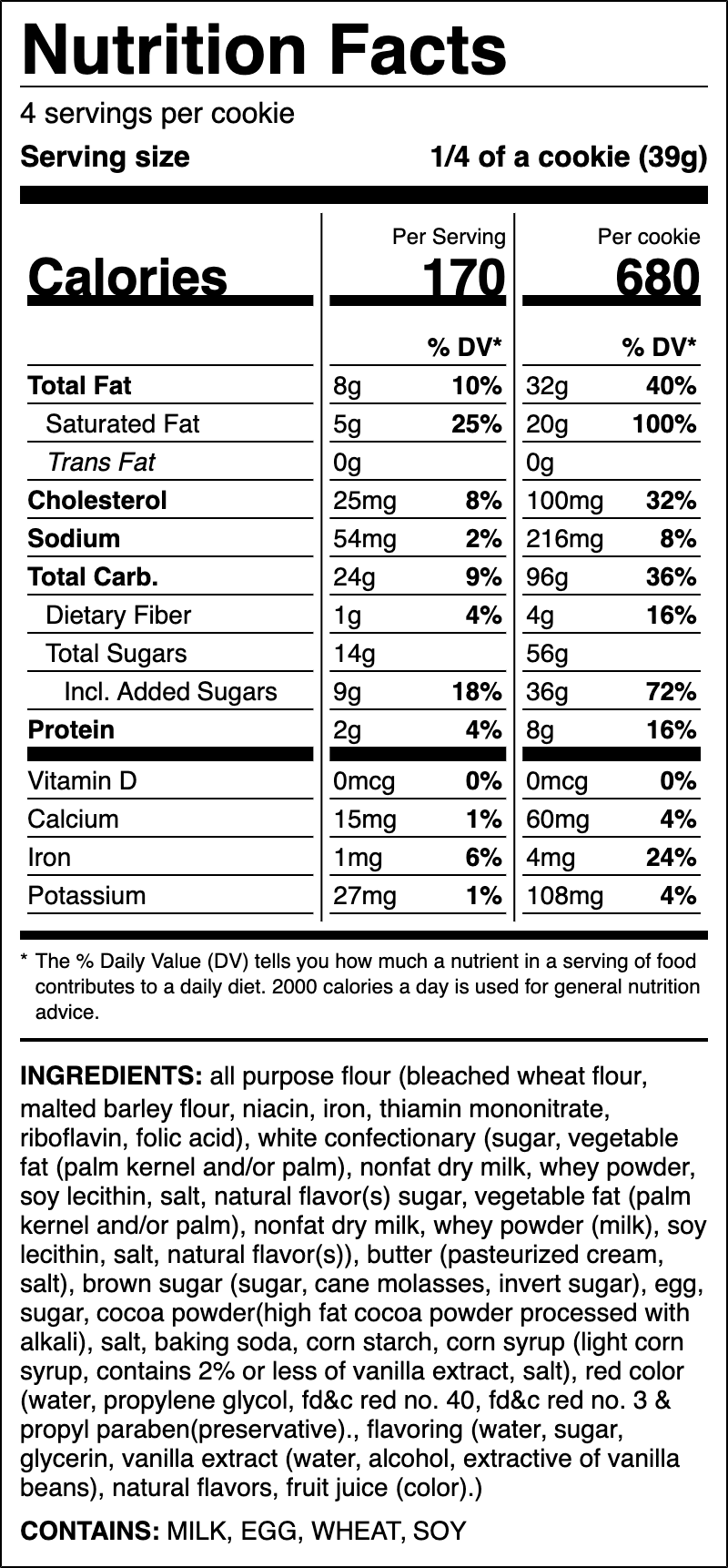 Nutrition label for Red Velvet White Chip